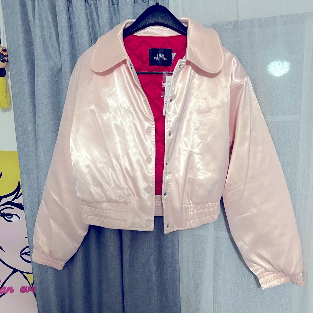 Urban Outfitters Pink Satin Cropped Bomber Jacket